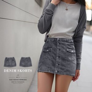 牛仔褲裙 開放式排扣丹寧褲裙 鬆緊腰短褲裙 高腰牛仔裙褲 彈性牛仔裙 顯瘦牛仔短裙 裙子 裙中褲 Jean Skorts Denim Skorts High-rise Denim Skirts Stretch Jeans (002-9118-21)灰黑色 S M L (腰圍:26~34英吋 / 66~86公分) 女 [實體店面保障] sun-e