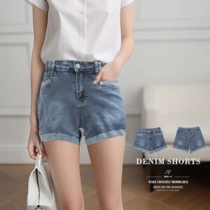潮流韓版牛仔短褲 捲邊褲管彈性丹寧短褲 高腰牛仔褲 顯瘦涼爽素面短褲Denim Jean(010-8196)女sun-e