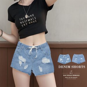 顯瘦涼爽牛仔短褲 抓破牛仔褲 中腰割破丹寧短褲 破褲短褲 褲管破壞處理短褲 素面短褲 Skinny Jean Shorts Mid-Rise Ripped Stretch Denim Shorts Cool And Slimming Shorts (010-9326-32)淺牛仔 M L XL 2L 3L (腰圍:76~99公分 / 30~39英吋) 女 [實體店面保障] sun-e