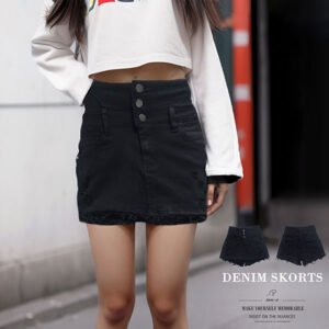 前裙後褲牛仔褲裙 高腰丹寧褲裙 鬚邊下擺短褲裙 割破褲管牛仔裙褲 三排扣彈性牛仔裙 顯瘦牛仔短裙 裙子 裙中褲 Jean Skorts Denim Skorts High-rise Denim Skirts Stretch Jeans (050-2747-21)黑色 S M L XL (腰圍:26~33英吋 / 66~84公分) 女 [實體店面保障] sun-e
