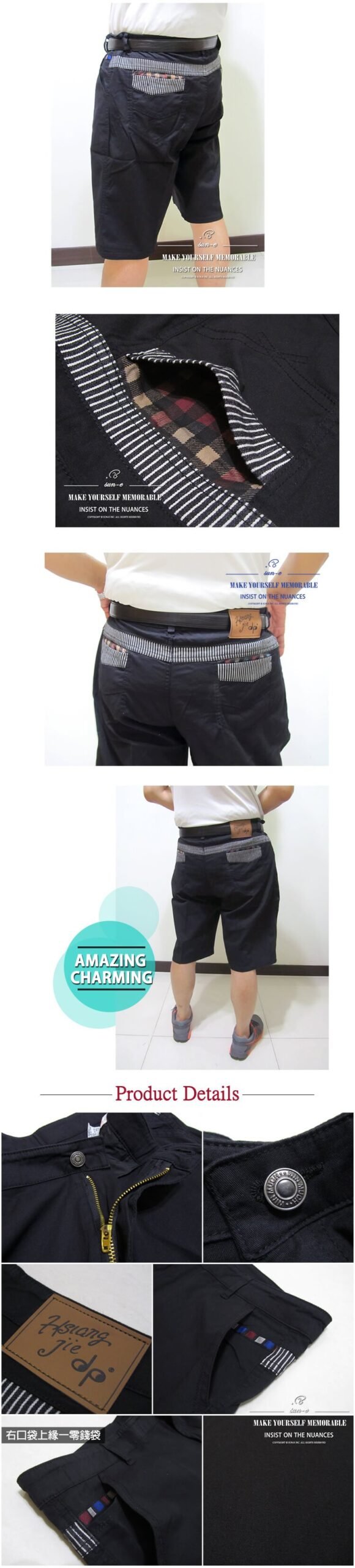 sun-e特加大尺碼彈性短褲、加大尺碼雙股紗精棉短褲、加大尺碼超輕量休閒短褲、後口袋經典格紋配色、腰圍有皮帶環(褲耳)、褲檔有拉鍊(307-6989-21)黑色 腰圍:42 44 46 48 50(英吋):圖片 3