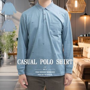 休閒印花POLO衫 彈性長袖POLO衫 長袖上衣 純棉POLO衫 有領上衣 翻領長袖T恤 Casual Printed Polo Shirts Stretch Long-Sleeve Polo Shirts 100% Cotton Polo Shirt Collared Top Long-Sleeve Collared T-Shirt (312-8199-09)藍色、(312-8199-28)灰藍 L ＸL (胸圍112~119公分 44~47英吋) 男 [實體店面保障] sun-e