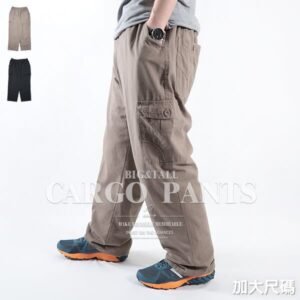 加大尺碼工作褲 精工前染純棉休閒褲 側貼袋休閒長褲 大尺碼長褲 後腰圍鬆緊帶棉質長褲 多口袋工作長褲 口袋褲 工裝褲 後車繡口袋 BIG_AND_TALL CARGO PANTS (327-9107-01)卡其色、(327-9107-02)黑色 單一尺碼 腰圍38~48(英吋) [實體店面保障] sun-e