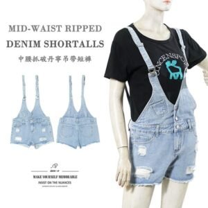 牛仔吊帶褲 丹寧吊帶短褲 中腰牛仔短褲 割破短褲 涼爽顯瘦短褲 Denim Overall Shorts Denim Shortalls Mid-Waist Jean Shorts Denim Shorts Cool And Slimming Womens Shorts (050-7276-32)淺牛仔 S M L XL (腰圍:81~91公分 / 32~36英吋) 女 [實體店面保障] sun-e
