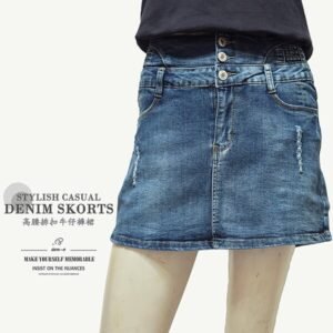 牛仔褲裙 排釦裙 高腰丹寧短裙 彈力割破牛仔褲裙 顯瘦裙子 單寧 Denim Skorts (016-5793-34)深牛仔 S M L XL(腰圍66~84公分  26~33英吋) 女 [實體店面保障] sun-e